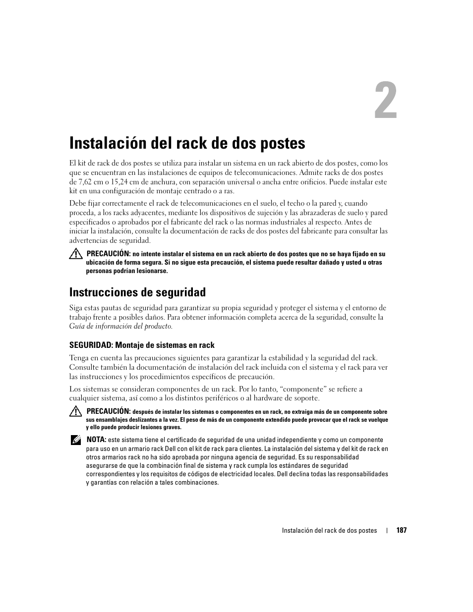 Instalación del rack de dos postes, Instrucciones de seguridad, Seguridad: montaje de sistemas en rack | Dell POWEREDGE 300 User Manual | Page 189 / 202