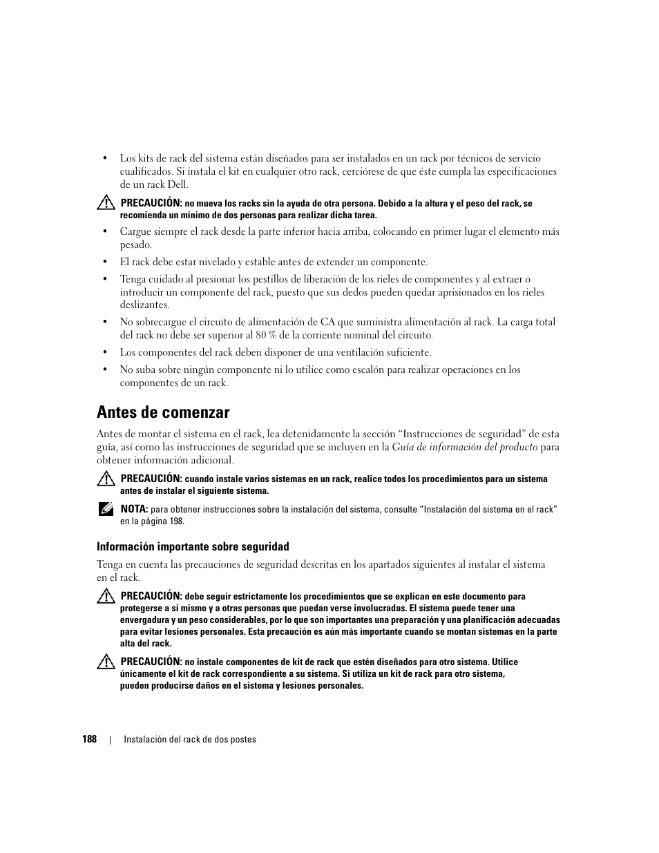 Antes de comenzar, Información importante sobre seguridad | Dell POWEREDGE 300 User Manual | Page 190 / 202