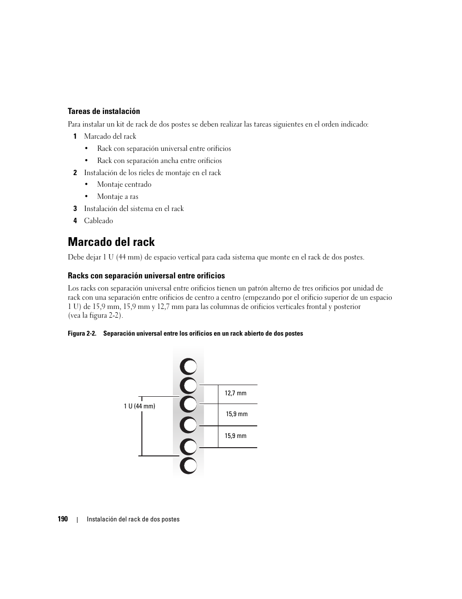 Tareas de instalación, Marcado del rack, Racks con separación universal entre orificios | Dell POWEREDGE 300 User Manual | Page 192 / 202