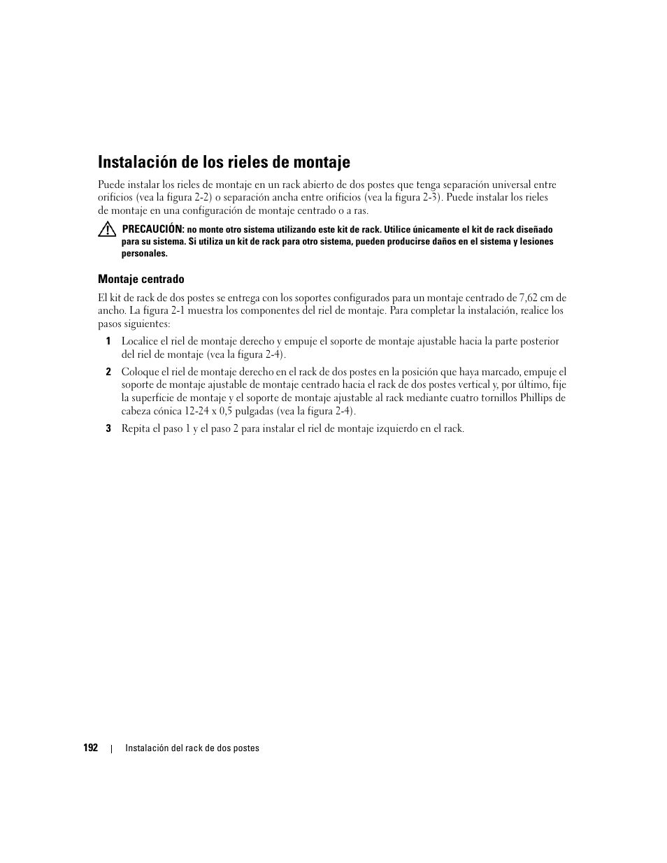 Instalación de los rieles de montaje, Montaje centrado | Dell POWEREDGE 300 User Manual | Page 194 / 202