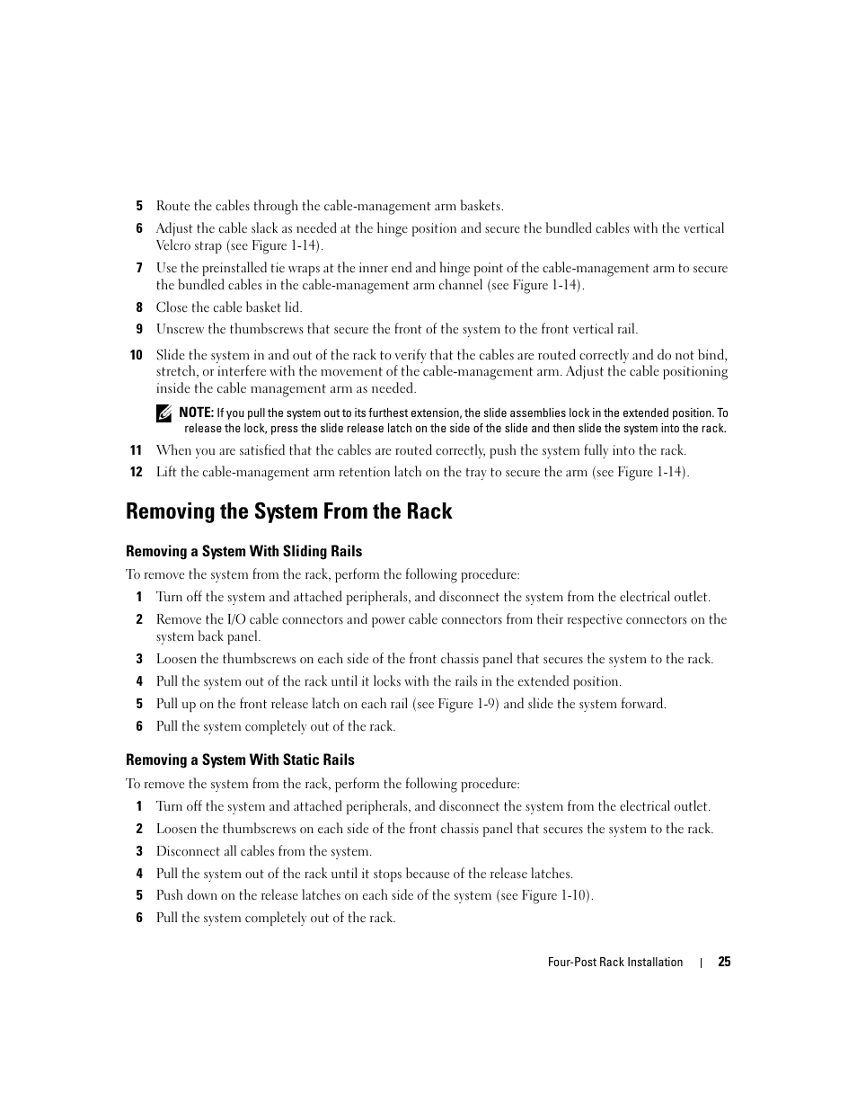 Removing the system from the rack, Removing a system with sliding rails, Removing a system with static rails | Dell POWEREDGE 300 User Manual | Page 27 / 202