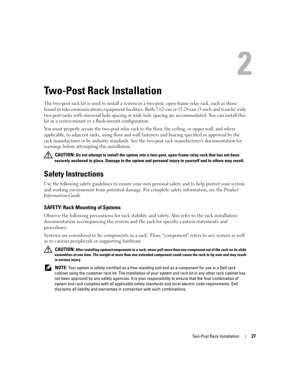 Two-post rack installation, Safety instructions, Safety: rack mounting of systems | Dell POWEREDGE 300 User Manual | Page 29 / 202