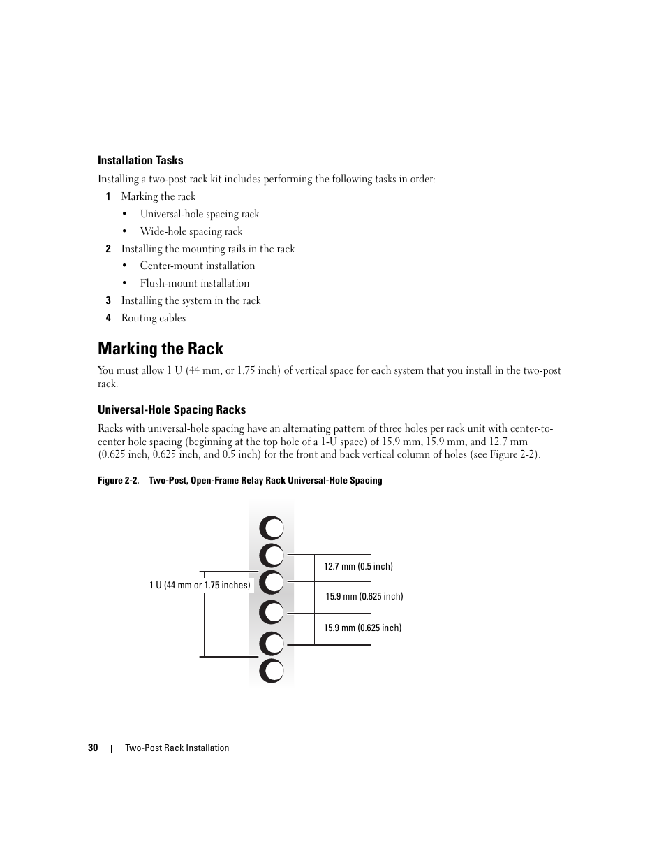 Installation tasks, Marking the rack, Universal-hole spacing racks | Dell POWEREDGE 300 User Manual | Page 32 / 202