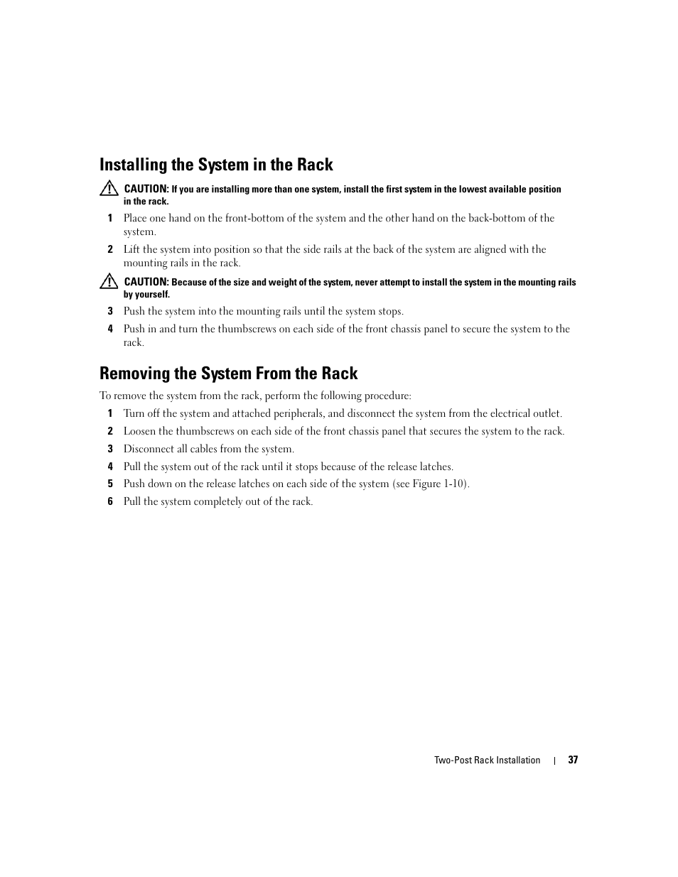 Installing the system in the rack, Removing the system from the rack | Dell POWEREDGE 300 User Manual | Page 39 / 202