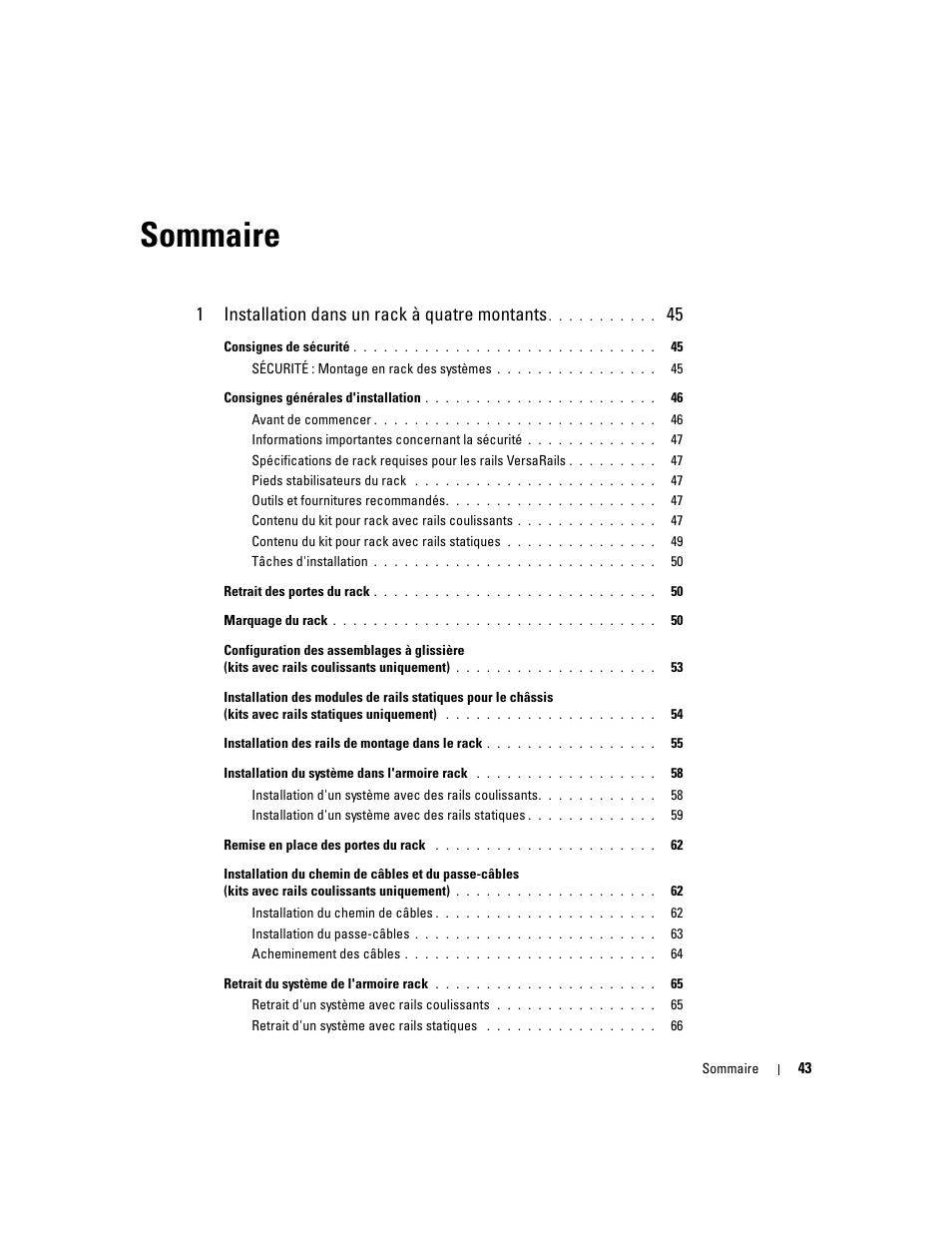 Sommaire, 1 installation dans un rack à quatre montants | Dell POWEREDGE 300 User Manual | Page 45 / 202