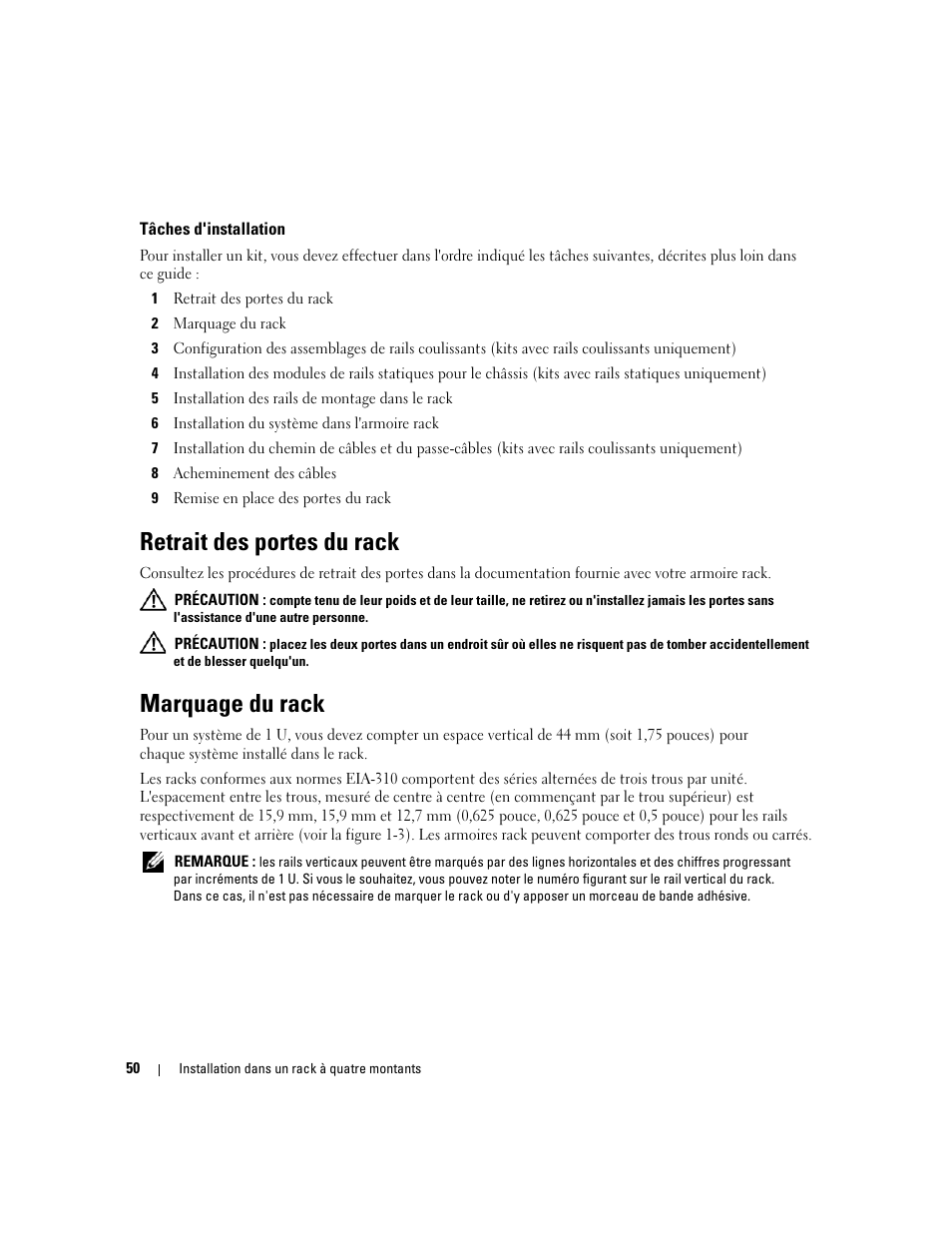 Tâches d'installation, Retrait des portes du rack, Marquage du rack | Dell POWEREDGE 300 User Manual | Page 52 / 202