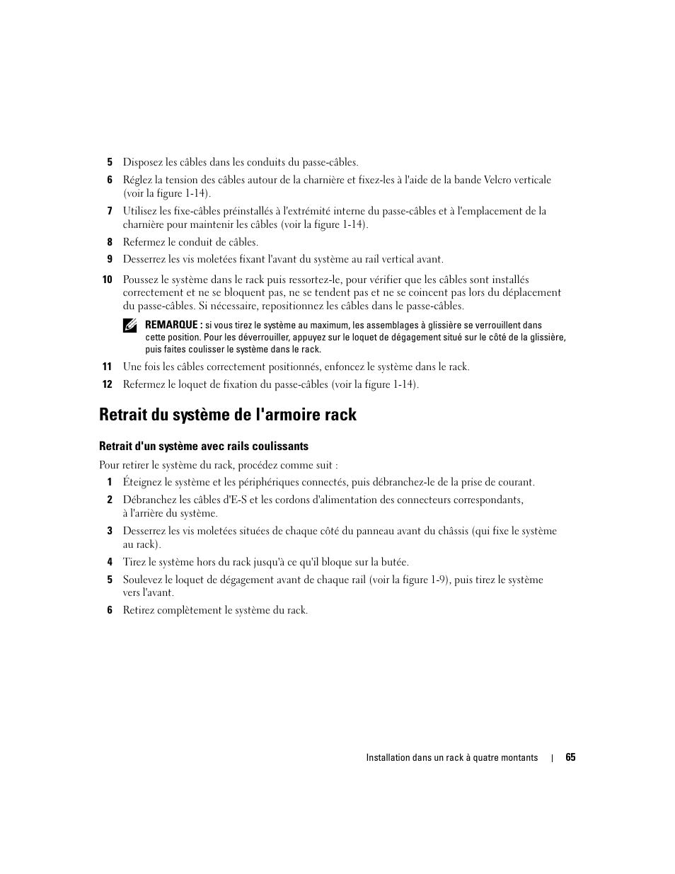 Retrait du système de l'armoire rack, Retrait d'un système avec rails coulissants | Dell POWEREDGE 300 User Manual | Page 67 / 202