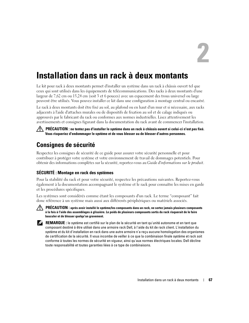Installation dans un rack à deux montants, Consignes de sécurité, Sécurité : montage en rack des systèmes | Dell POWEREDGE 300 User Manual | Page 69 / 202