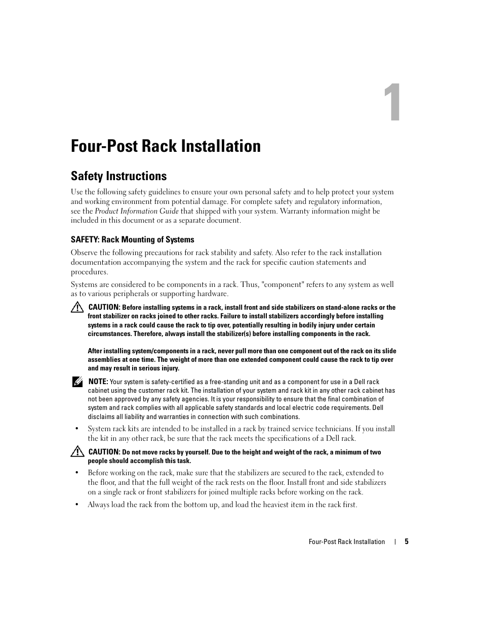 Four-post rack installation, Safety instructions, Safety: rack mounting of systems | Dell POWEREDGE 300 User Manual | Page 7 / 202