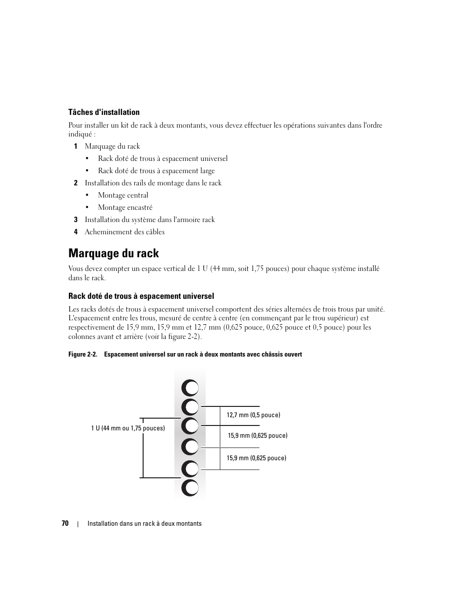 Tâches d'installation, Marquage du rack, Rack doté de trous à espacement universel | Dell POWEREDGE 300 User Manual | Page 72 / 202