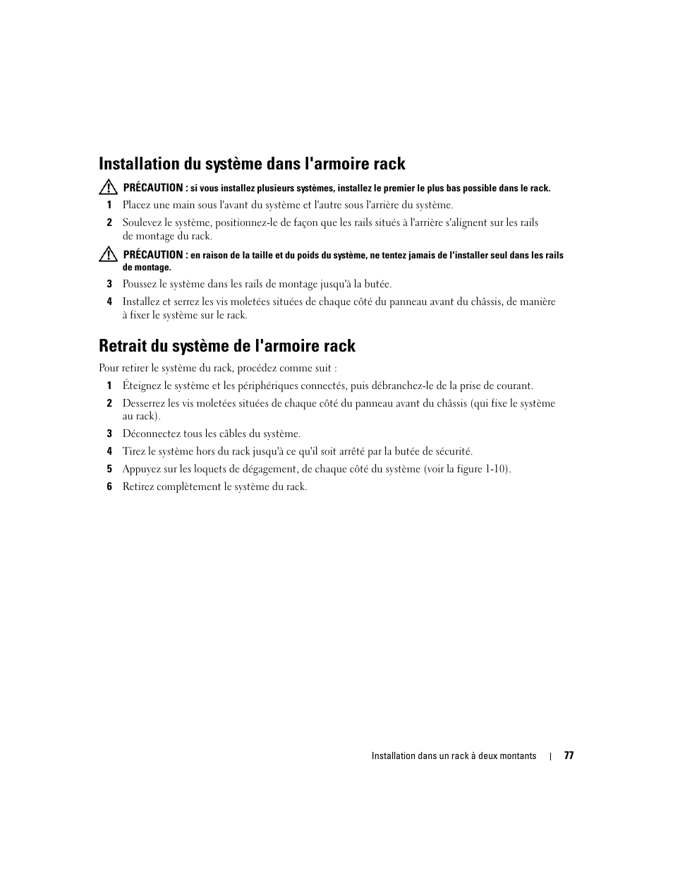 Installation du système dans l'armoire rack, Retrait du système de l'armoire rack | Dell POWEREDGE 300 User Manual | Page 79 / 202
