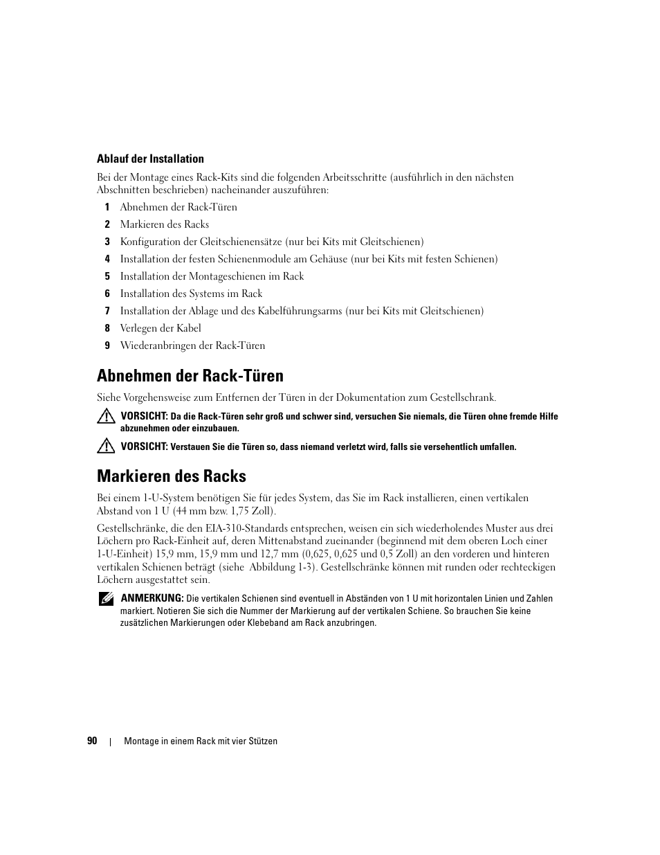 Ablauf der installation, Abnehmen der rack-türen, Markieren des racks | Dell POWEREDGE 300 User Manual | Page 92 / 202