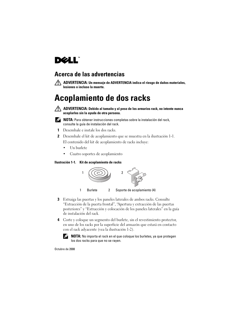 Acoplamiento de dos racks, Acerca de las advertencias | Dell PowerEdge Rack Enclosure 4220 User Manual | Page 17 / 20