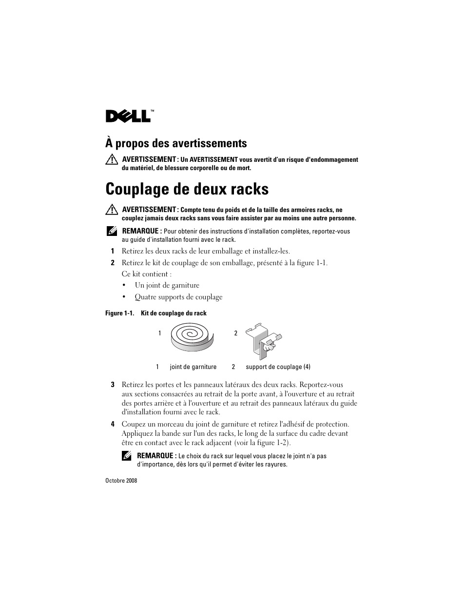 Couplage de deux racks, À propos des avertissements | Dell PowerEdge Rack Enclosure 4220 User Manual | Page 5 / 20