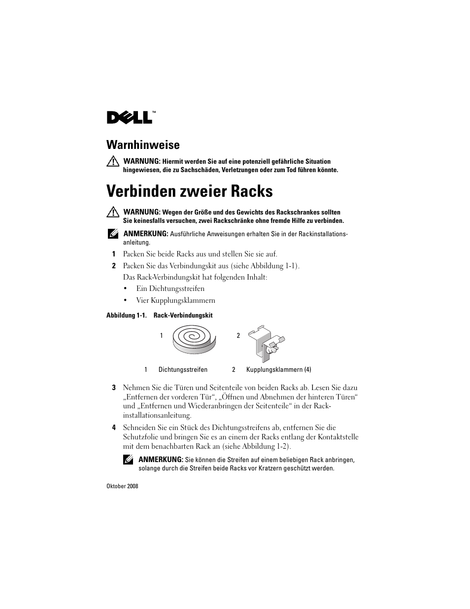 Verbinden zweier racks, Warnhinweise | Dell PowerEdge Rack Enclosure 4220 User Manual | Page 9 / 20
