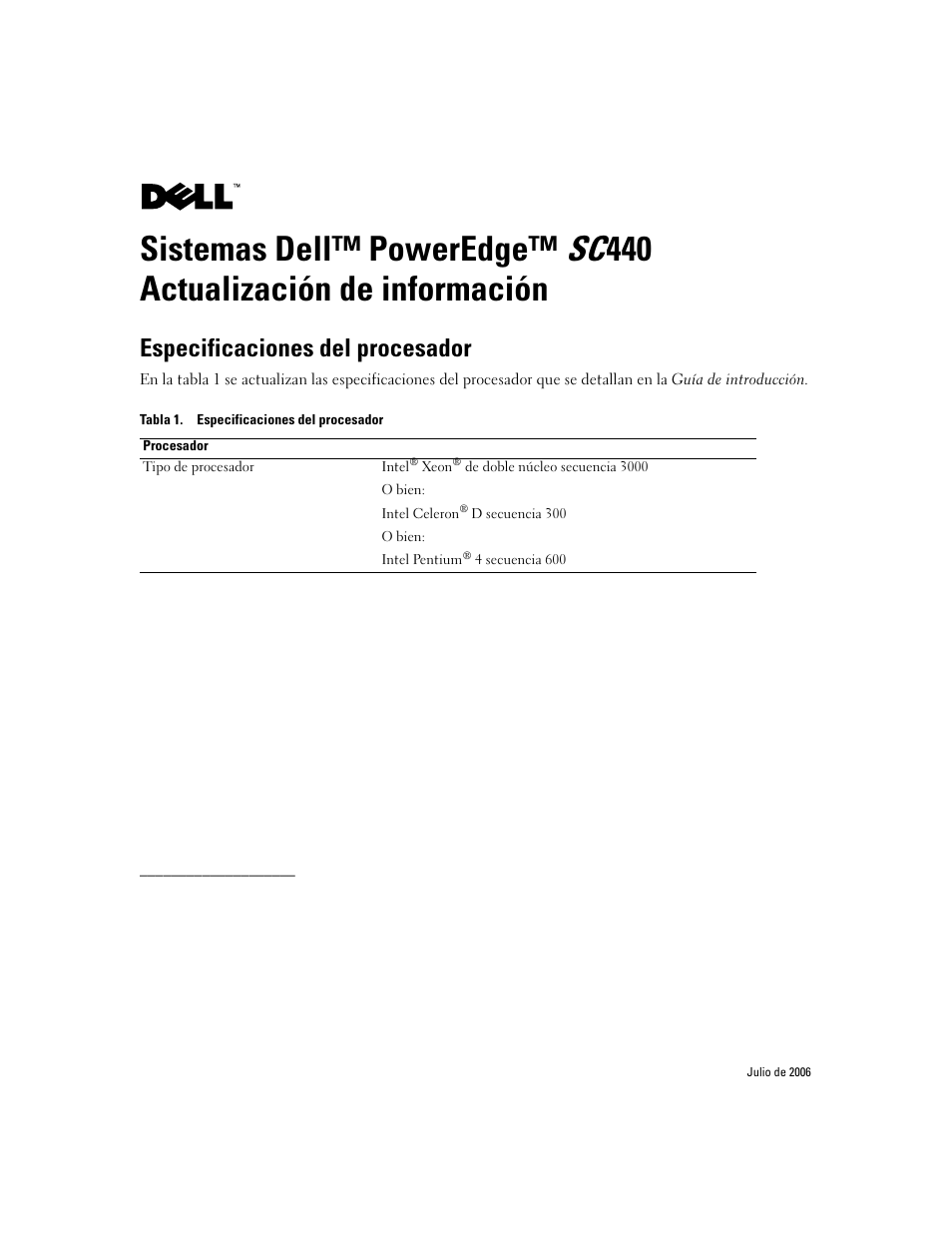Especificaciones del procesador | Dell PowerEdge SC 440 User Manual | Page 7 / 7