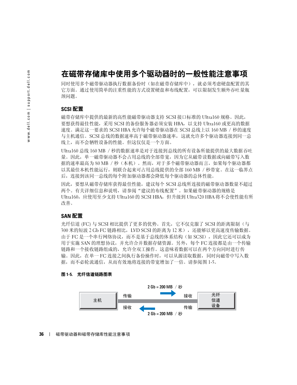 在磁带存储库中使用多个驱动器时的一般性能注意事项, Scsi 配置, San 配置 | Dell PowerVault TL2000 User Manual | Page 36 / 176