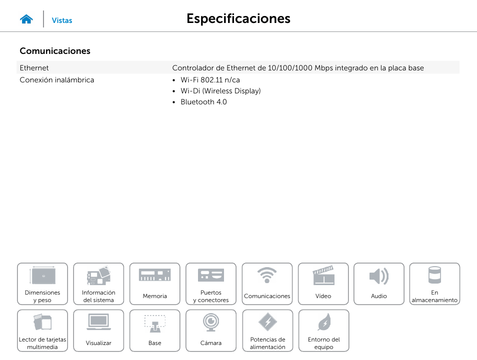 Comunicaciones, Especificaciones | Dell Inspiron 23 (5348, Early 2014) User Manual | Page 11 / 20