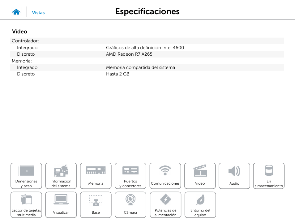 Vídeo, Especificaciones | Dell Inspiron 23 (5348, Early 2014) User Manual | Page 12 / 20