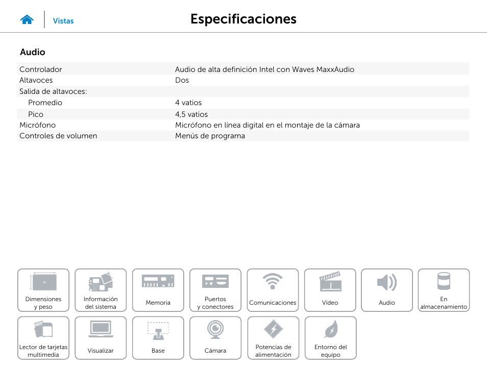 Audio, Especificaciones | Dell Inspiron 23 (5348, Early 2014) User Manual | Page 13 / 20