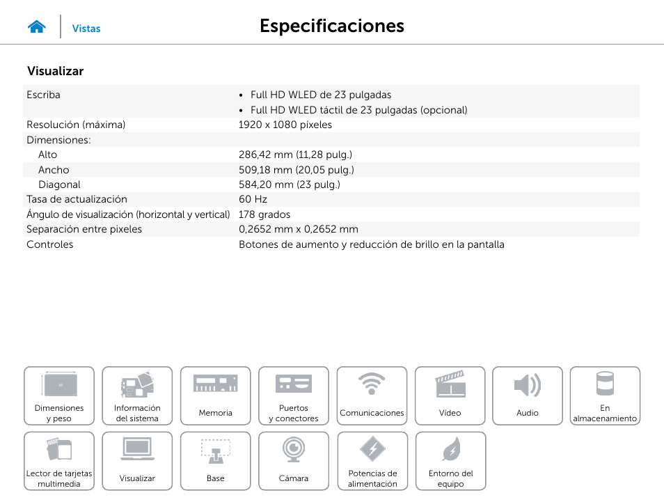 Visualizar, Especificaciones | Dell Inspiron 23 (5348, Early 2014) User Manual | Page 16 / 20