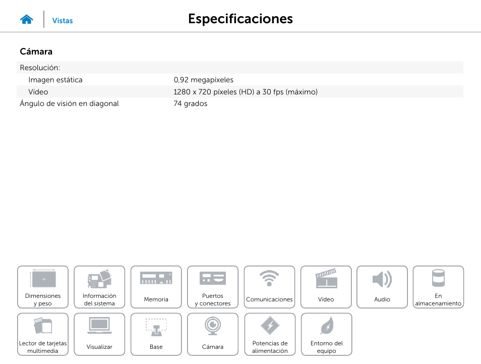 Cámara, Especificaciones | Dell Inspiron 23 (5348, Early 2014) User Manual | Page 18 / 20