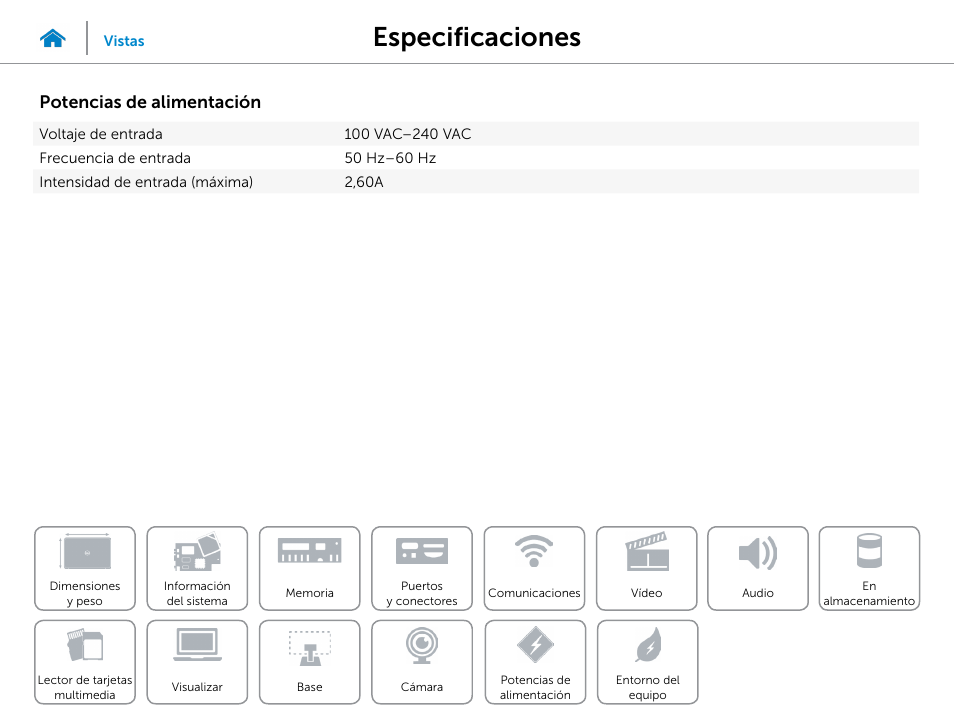 Potencias de alimentación, Especificaciones | Dell Inspiron 23 (5348, Early 2014) User Manual | Page 19 / 20