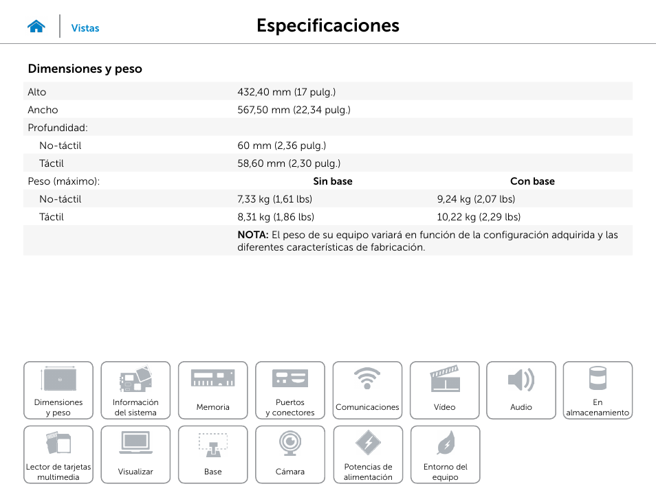 Especificaciones, Dimensiones y peso | Dell Inspiron 23 (5348, Early 2014) User Manual | Page 7 / 20