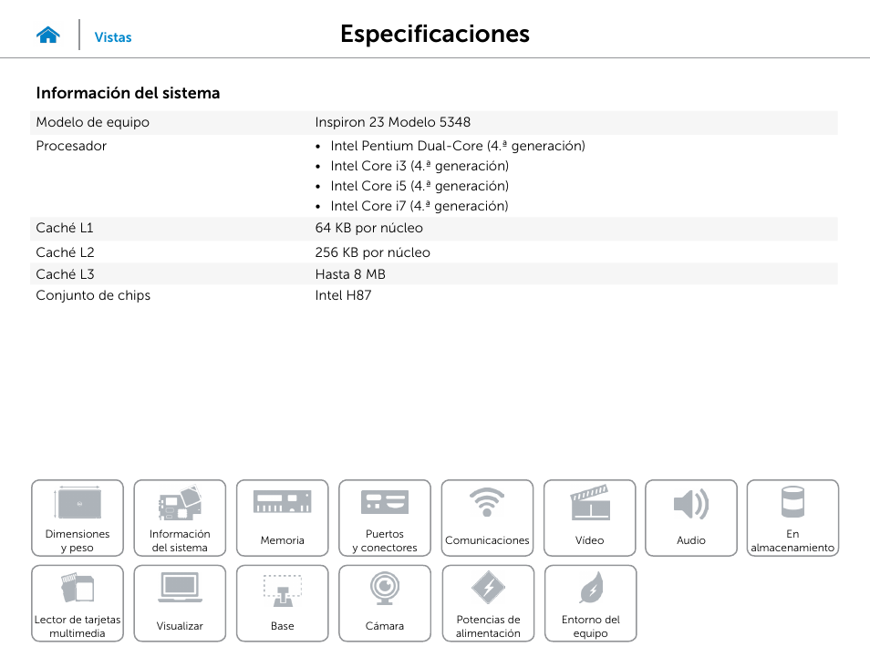 Información, Del sistema, Especificaciones | Información del sistema | Dell Inspiron 23 (5348, Early 2014) User Manual | Page 8 / 20