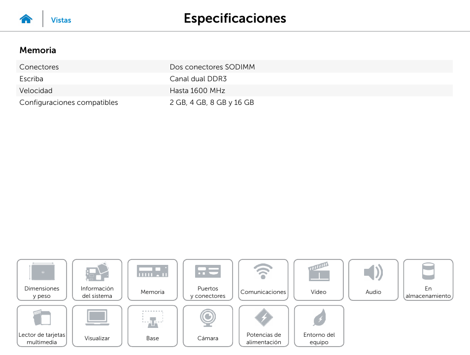 Memoria, Especificaciones | Dell Inspiron 23 (5348, Early 2014) User Manual | Page 9 / 20