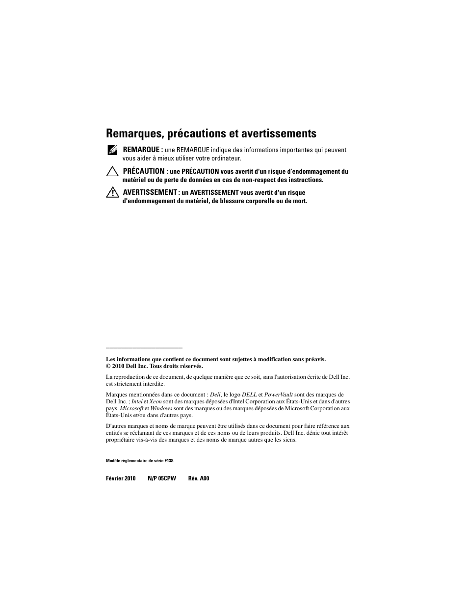 Remarques, précautions et avertissements | Dell PowerVault NX3100 User Manual | Page 16 / 52