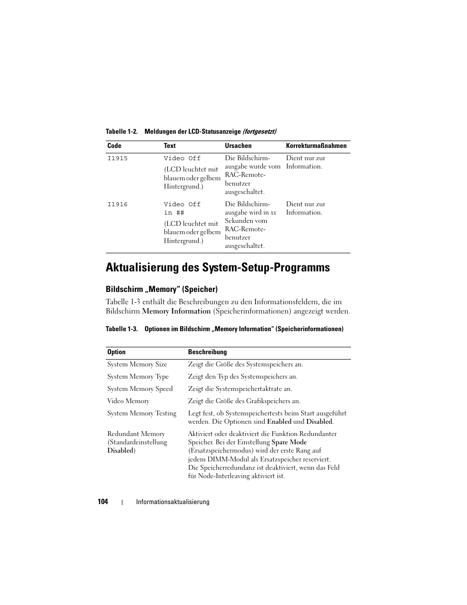 Aktualisierung des system-setup-programms, Bildschirm „memory“ (speicher) | Dell POWEREDGE 1950 User Manual | Page 104 / 194