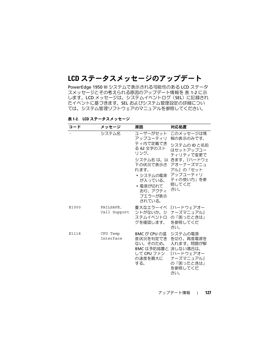 Lcd ステータスメッセージのアップデート, ステータスメッセージのアップデート | Dell POWEREDGE 1950 User Manual | Page 127 / 194
