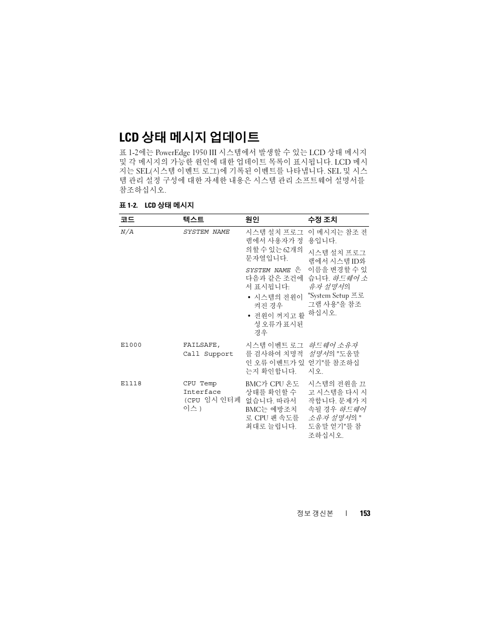 Lcd 상태 메시지 업데이트, 상태 메시지 업데이트 | Dell POWEREDGE 1950 User Manual | Page 153 / 194