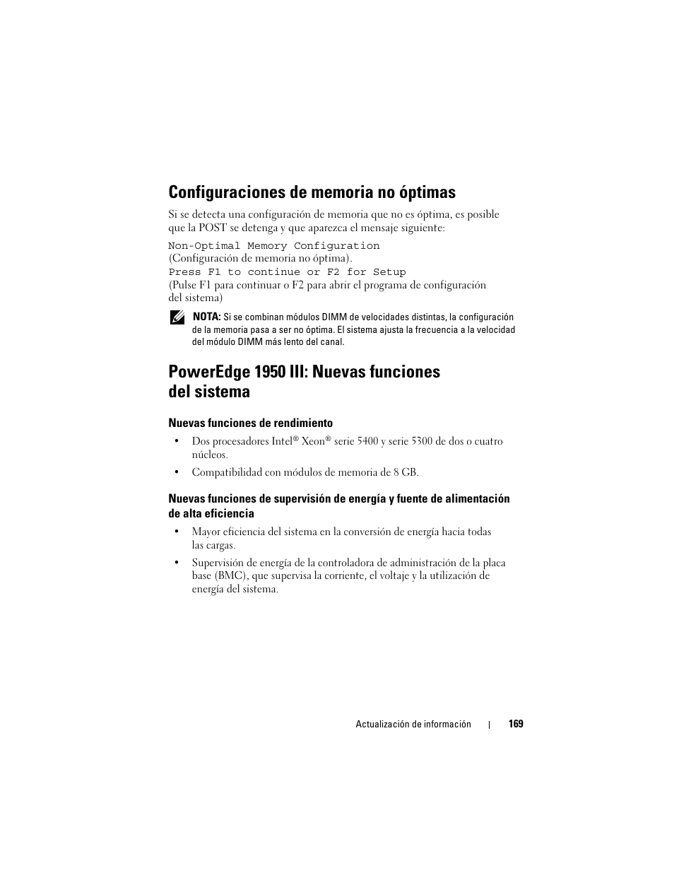 Configuraciones de memoria no óptimas, Poweredge 1950 iii: nuevas funciones del sistema, Nuevas funciones de rendimiento | Dell POWEREDGE 1950 User Manual | Page 169 / 194