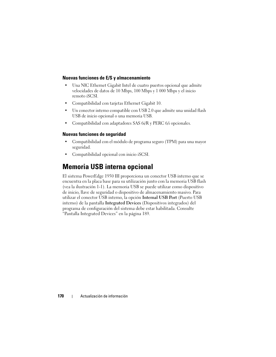 Nuevas funciones de e/s y almacenamiento, Nuevas funciones de seguridad, Memoria usb interna opcional | Dell POWEREDGE 1950 User Manual | Page 170 / 194