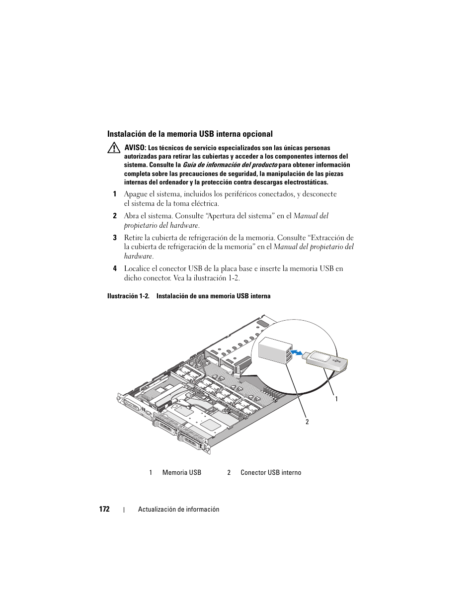 Instalación de la memoria usb interna opcional | Dell POWEREDGE 1950 User Manual | Page 172 / 194