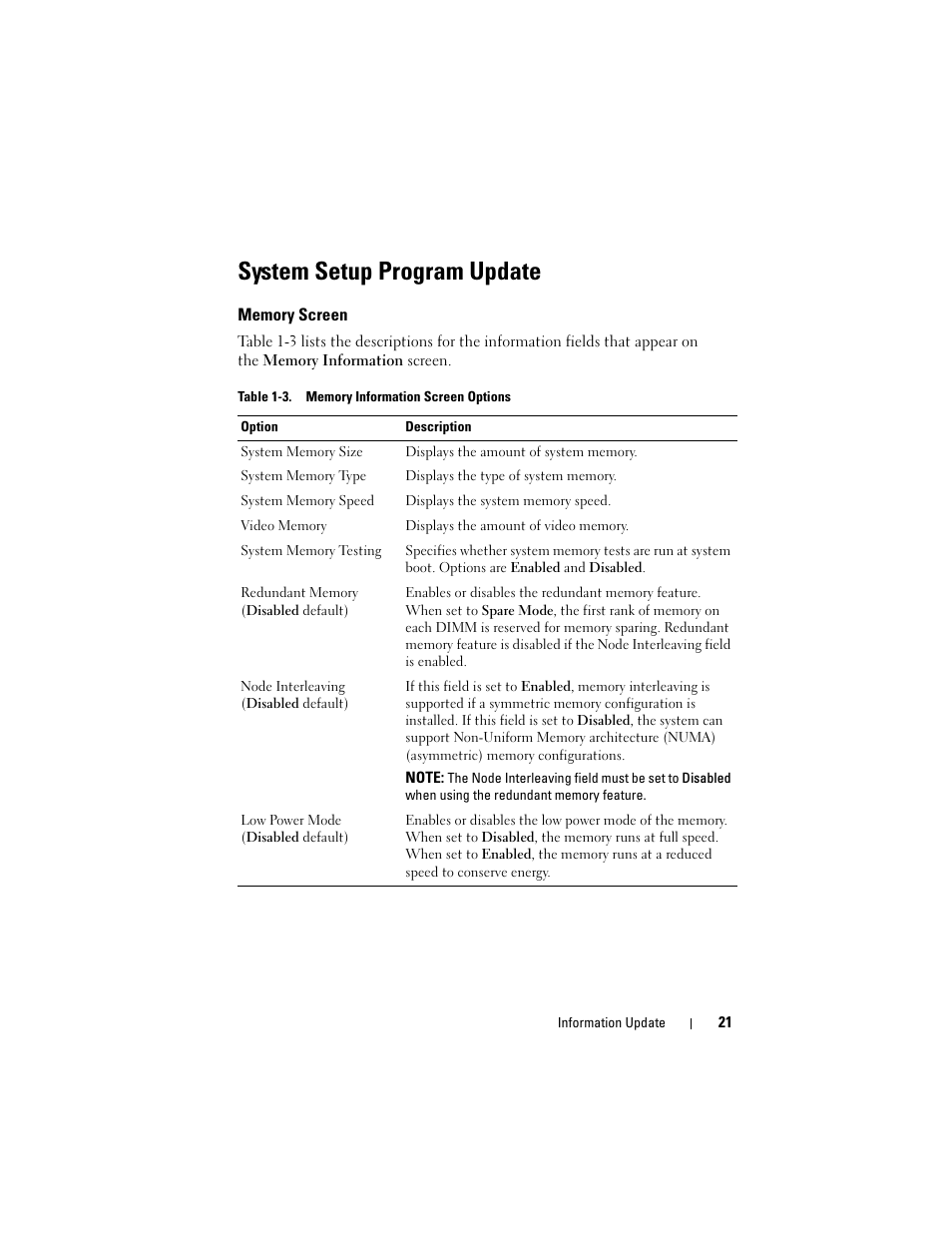 System setup program update, Memory screen | Dell POWEREDGE 1950 User Manual | Page 21 / 194