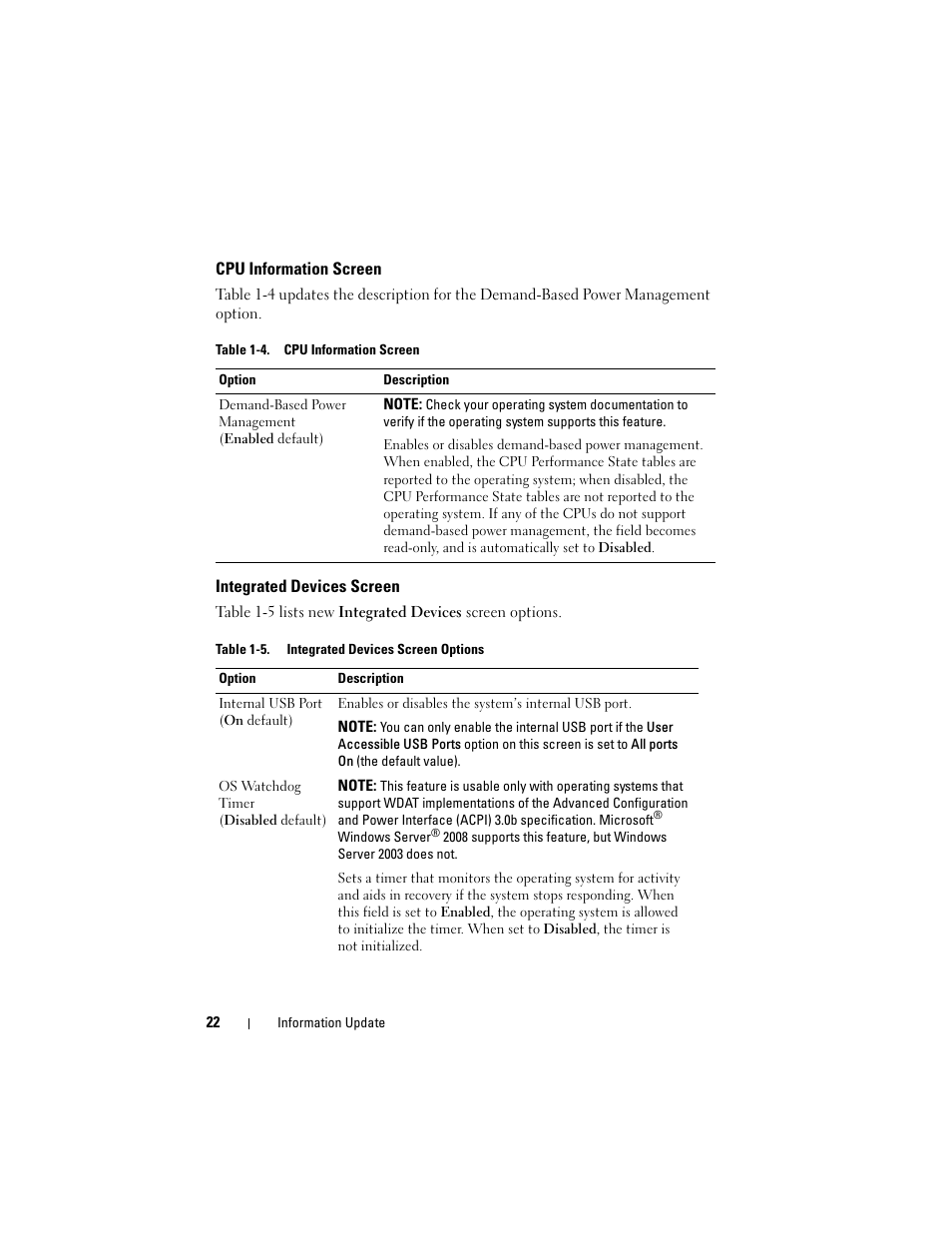 Cpu information screen, Integrated devices screen | Dell POWEREDGE 1950 User Manual | Page 22 / 194