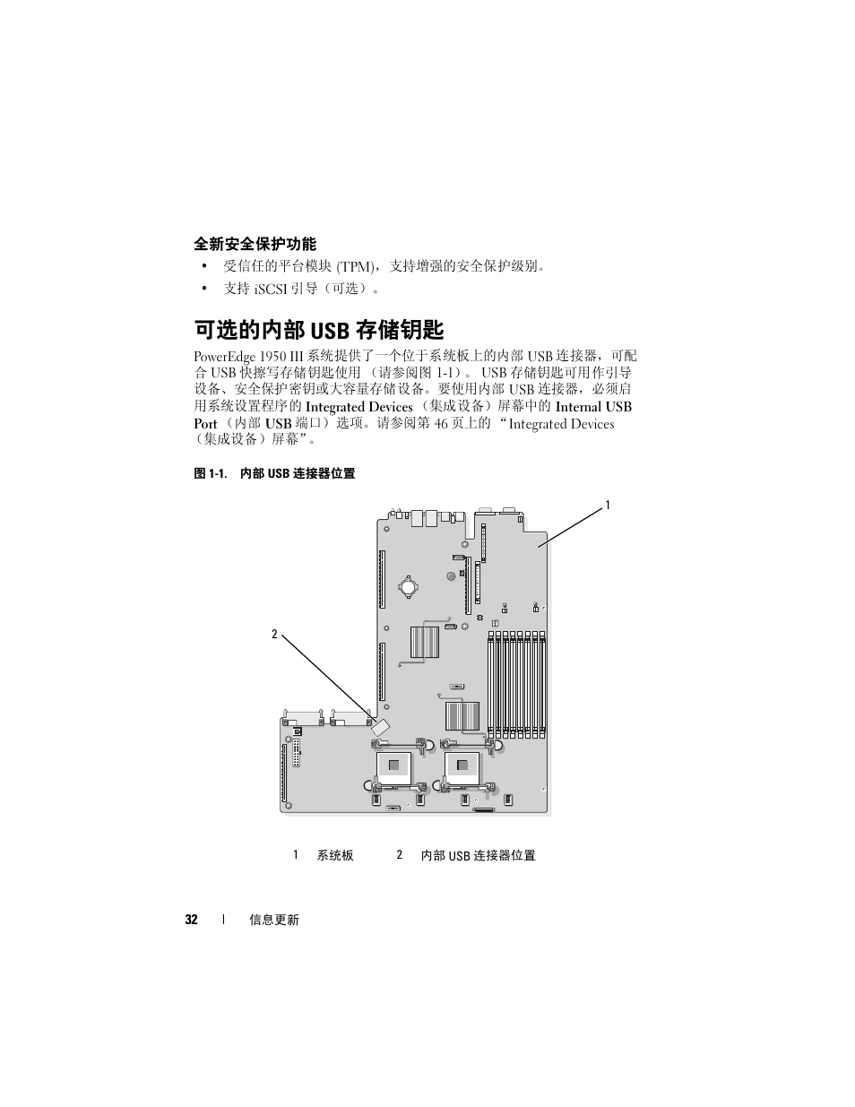 全新安全保护功能, 可选的内部 usb 存储钥匙 | Dell POWEREDGE 1950 User Manual | Page 32 / 194