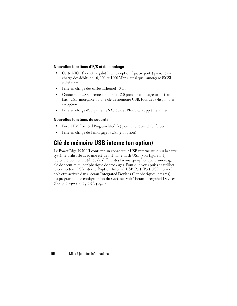 Nouvelles fonctions d'e/s et de stockage, Nouvelles fonctions de sécurité, Clé de mémoire usb interne (en option) | Dell POWEREDGE 1950 User Manual | Page 56 / 194