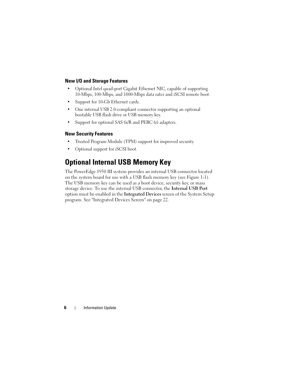 New i/o and storage features, New security features, Optional internal usb memory key | Dell POWEREDGE 1950 User Manual | Page 6 / 194