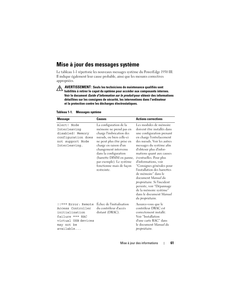 Mise à jour des messages système | Dell POWEREDGE 1950 User Manual | Page 61 / 194