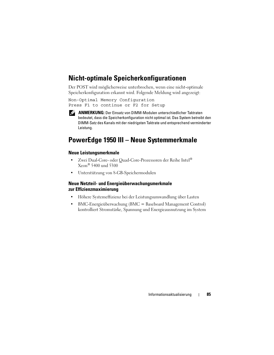 Nicht-optimale speicherkonfigurationen, Poweredge 1950 iii - neue systemmerkmale, Neue leistungsmerkmale | Poweredge 1950 iii – neue systemmerkmale | Dell POWEREDGE 1950 User Manual | Page 85 / 194