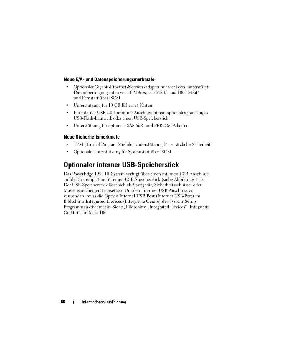 Neue e/a- und datenspeicherungsmerkmale, Neue sicherheitsmerkmale, Optionaler interner usb-speicherstick | Dell POWEREDGE 1950 User Manual | Page 86 / 194