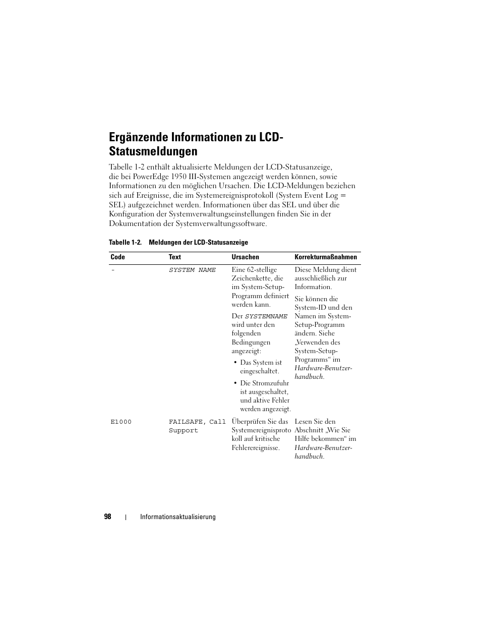 Ergänzende informationen zu lcd- statusmeldungen, Ergänzende informationen zu lcd-statusmeldungen | Dell POWEREDGE 1950 User Manual | Page 98 / 194