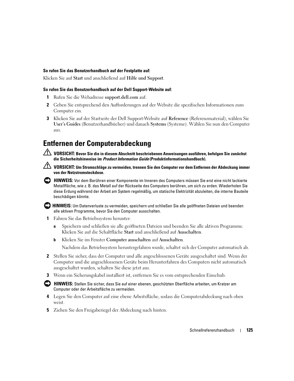 Entfernen der computerabdeckung | Dell Precision 390 User Manual | Page 125 / 236