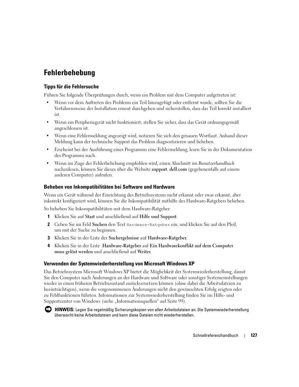 Fehlerbehebung, Tipps für die fehlersuche | Dell Precision 390 User Manual | Page 127 / 236