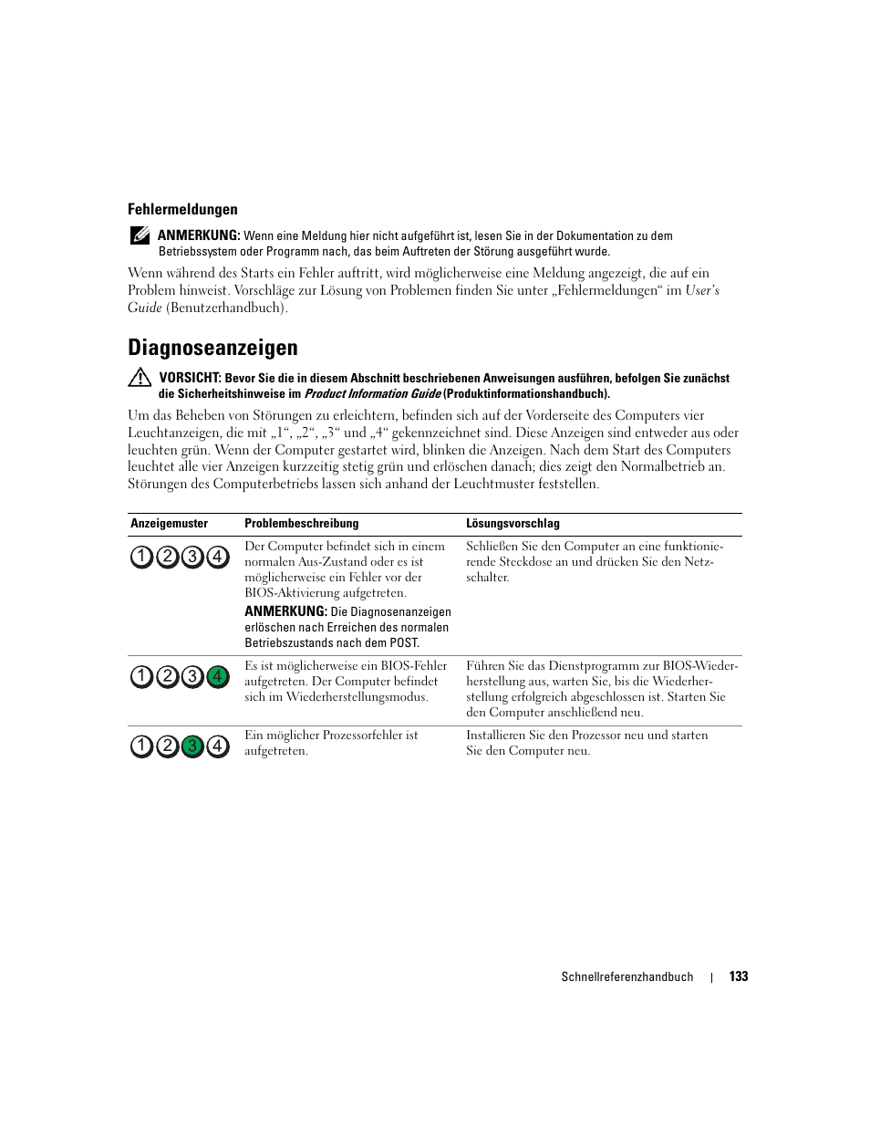 Fehlermeldungen, Diagnoseanzeigen | Dell Precision 390 User Manual | Page 133 / 236