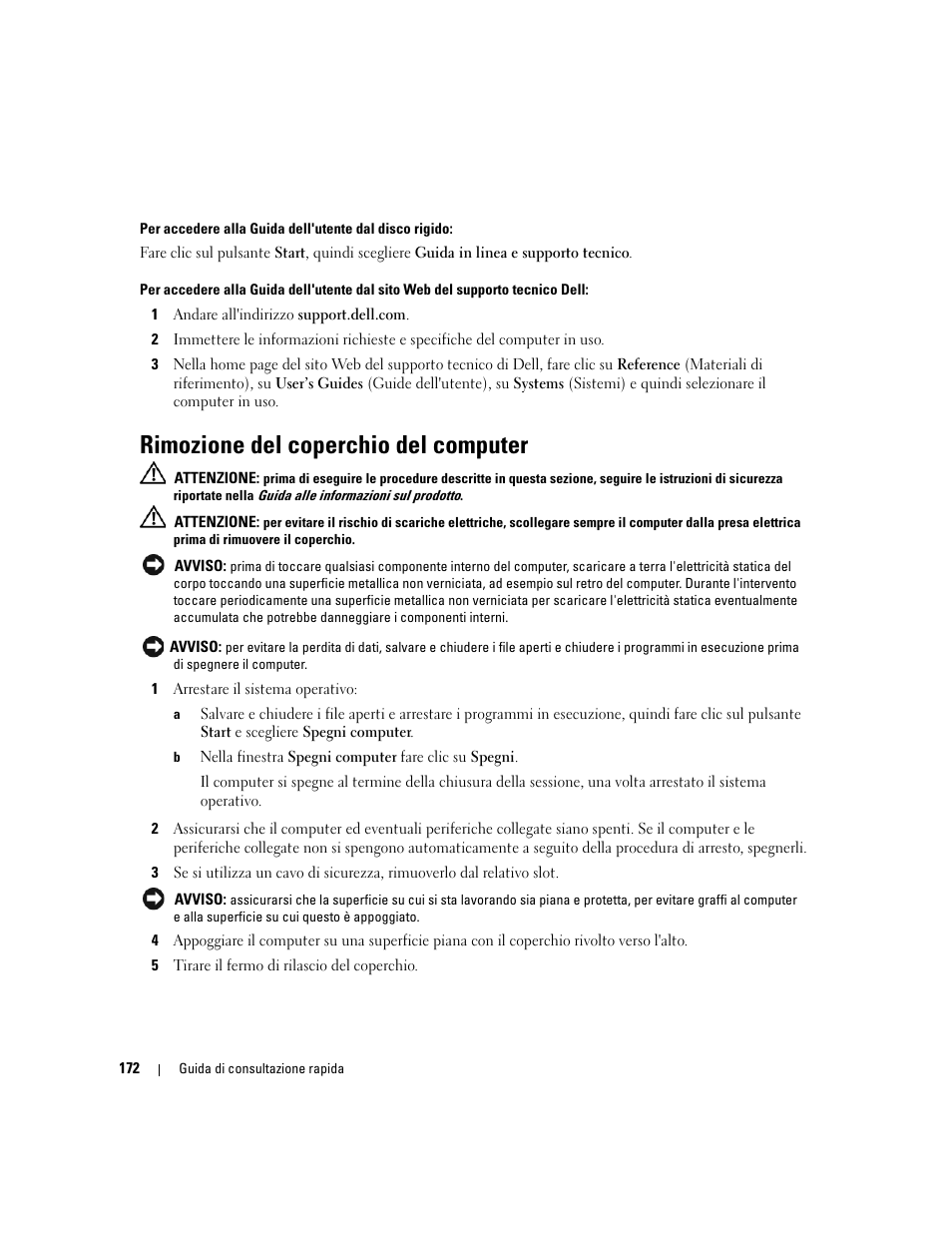 Rimozione del coperchio del computer | Dell Precision 390 User Manual | Page 172 / 236